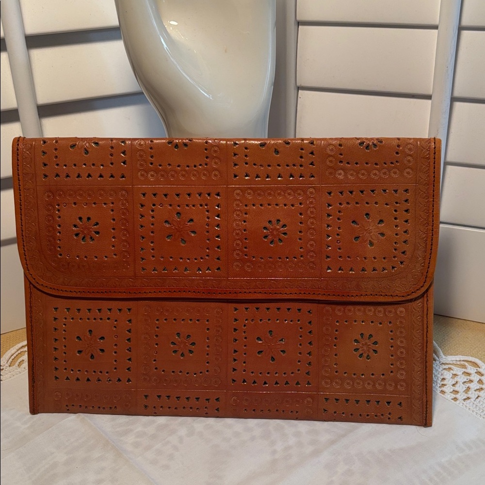 Cognac Leather Clutch w/ Intricate Laser Cut & Embossed Floral New